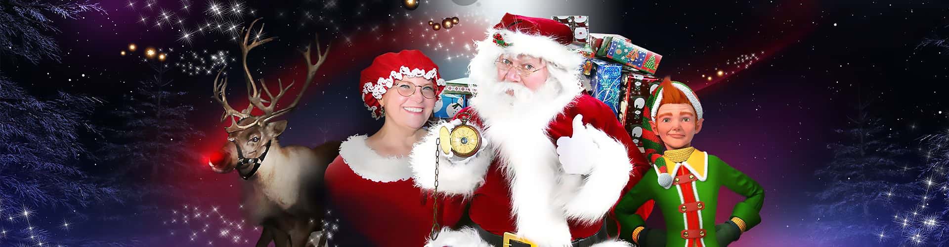 photo of Santa Claus, Mrs. Claus and reindeer